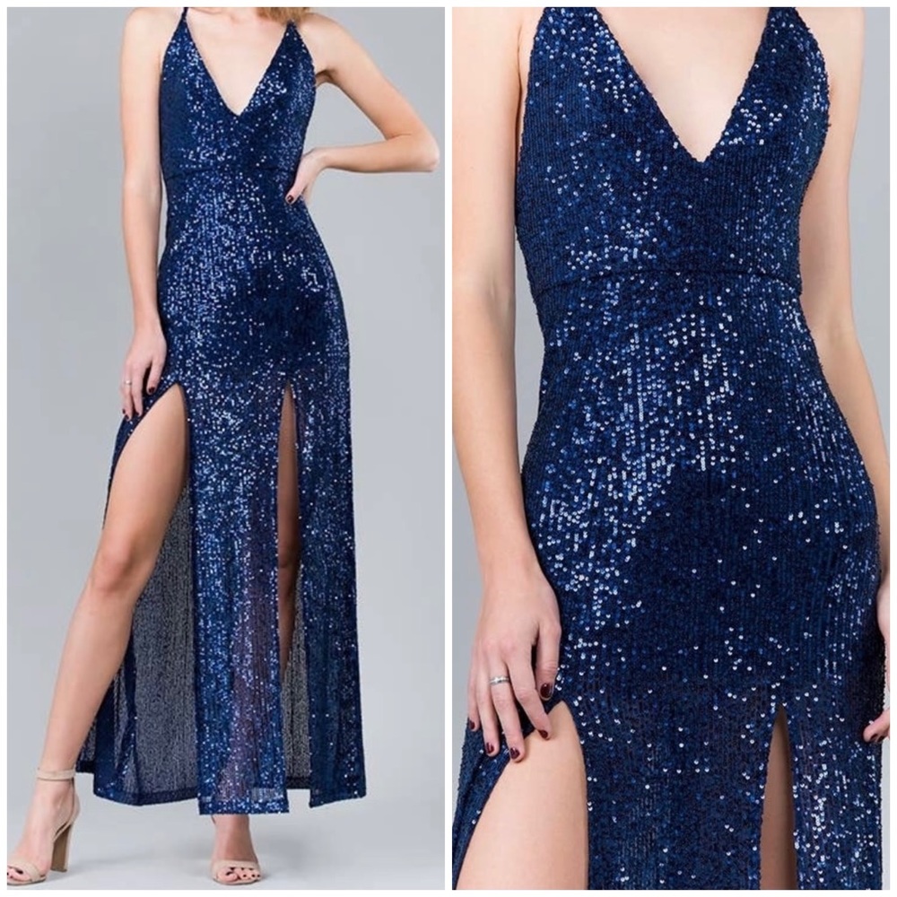 Minuet Navy Sequin V Neck Prom Dress